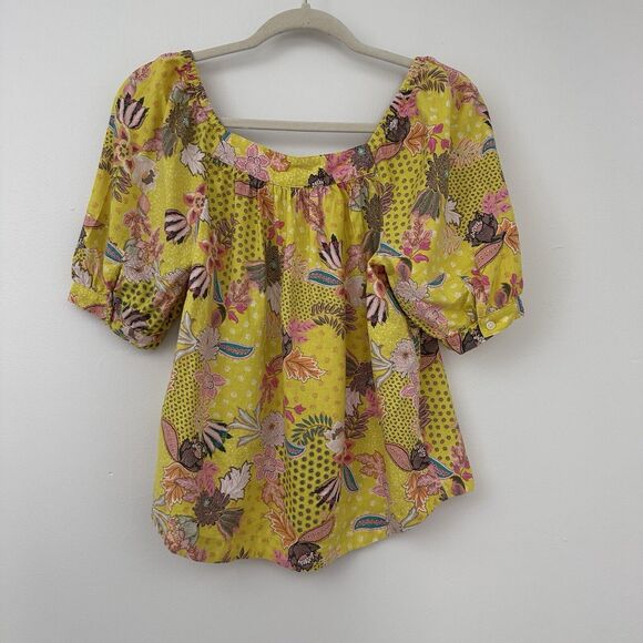 Loft Womens S Linen Blend Blouse Patchwork Puff Short Sleeve Boho Bold Preppy - Picture 7 of 7